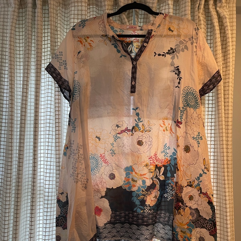 Johnny Was Silk Floral Short Sleeve Tunic Blouse
